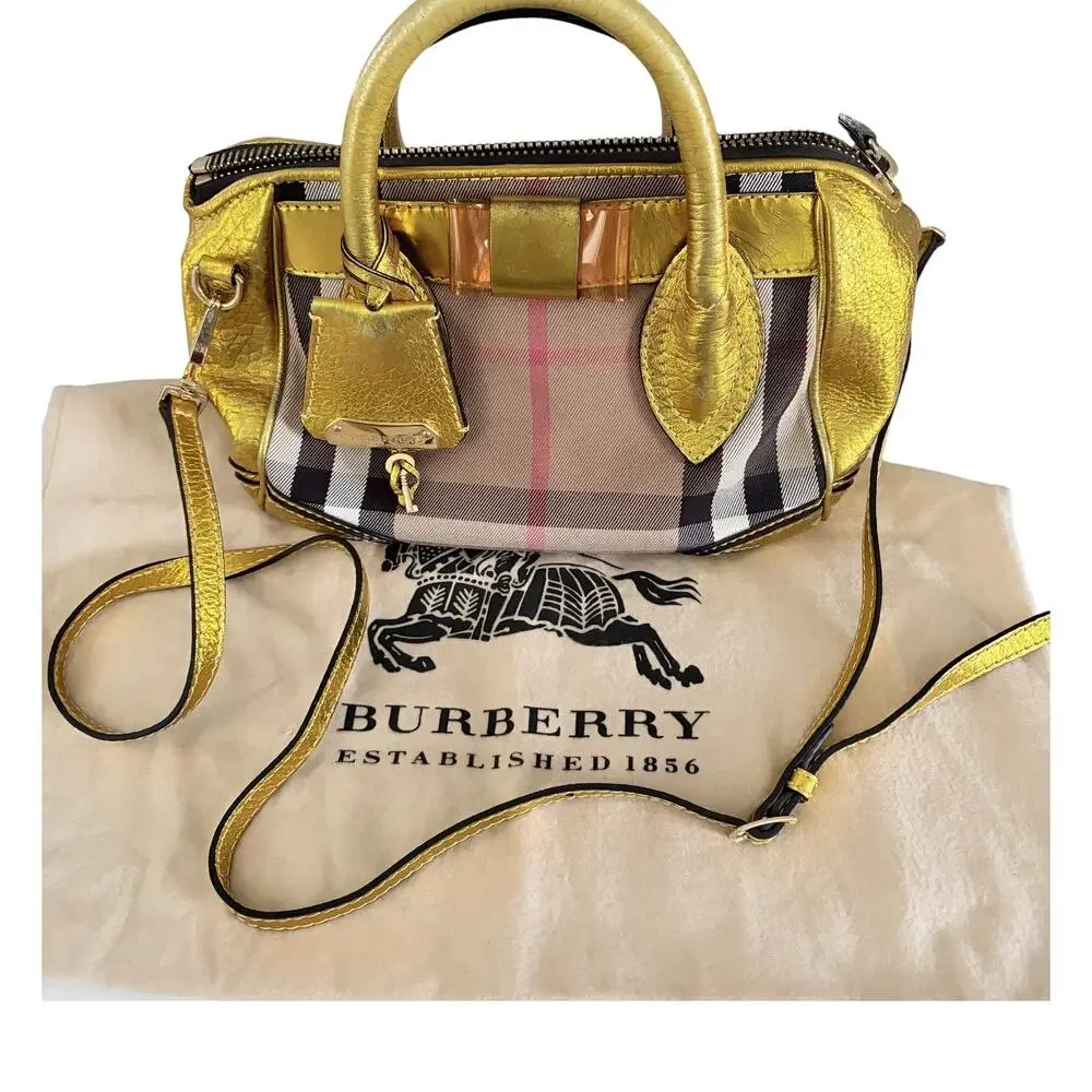 Burberry Prorsum Metallic Gold House Check Leather Bowling Bag w/ Lock & Key COA